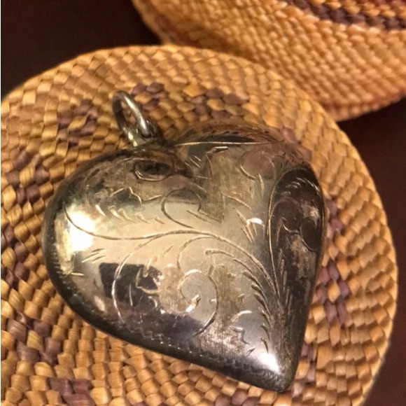 Vintage Jewelry - Vintage Sterling Silver Large Chased Puffy Heart Pendant
